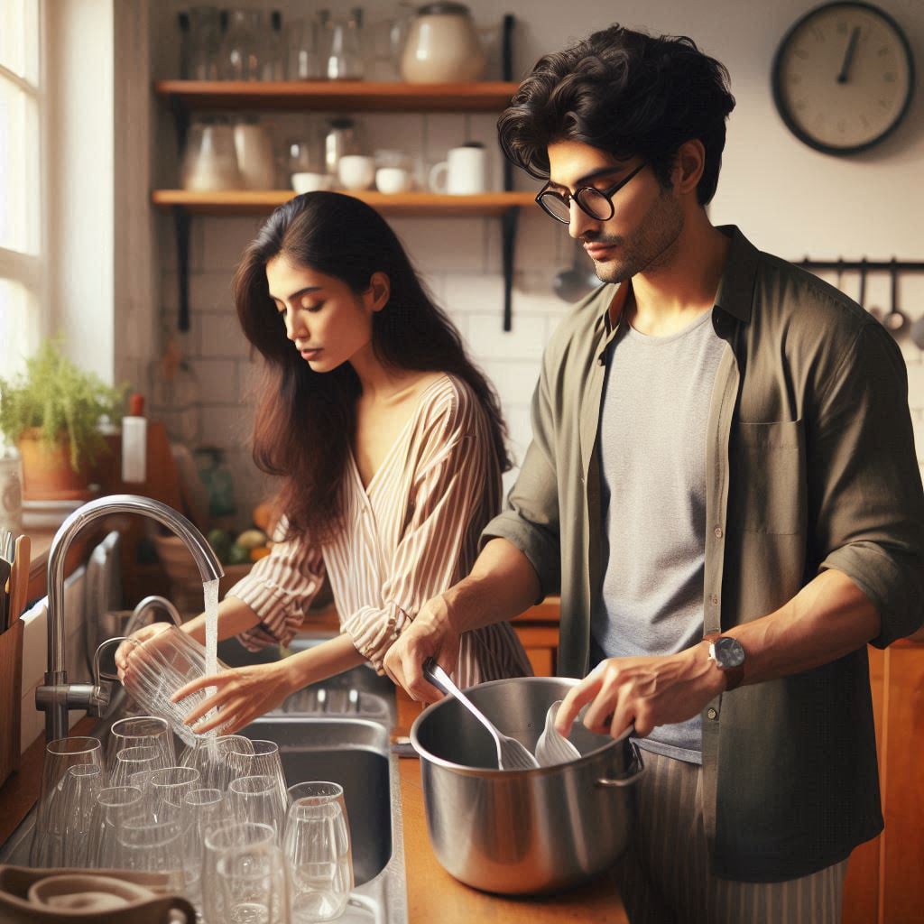 Pareja utilizando agua corriente